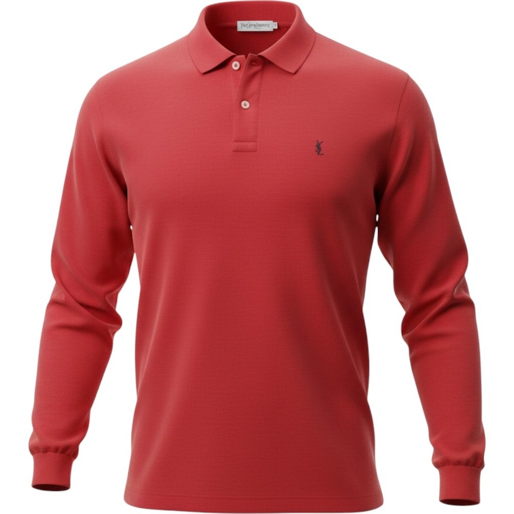 Yves Saint Laurent YSL Mens Red Long Sleeve Cotton Pique Polo Shirt Large